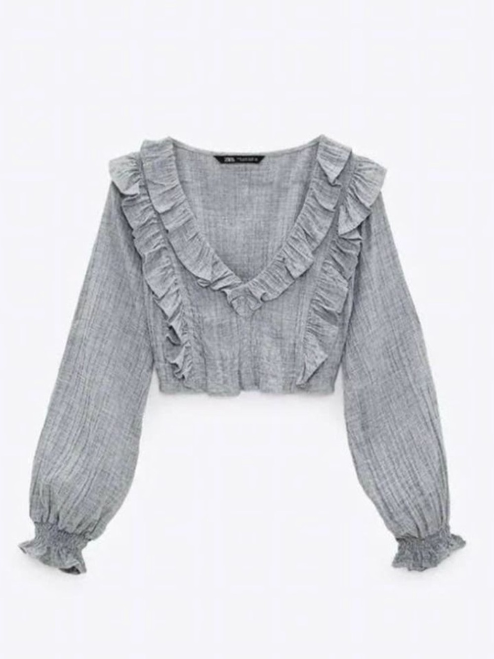 Zara EUC Cropped Gray Ruffed V-neck Top Blouse Size S